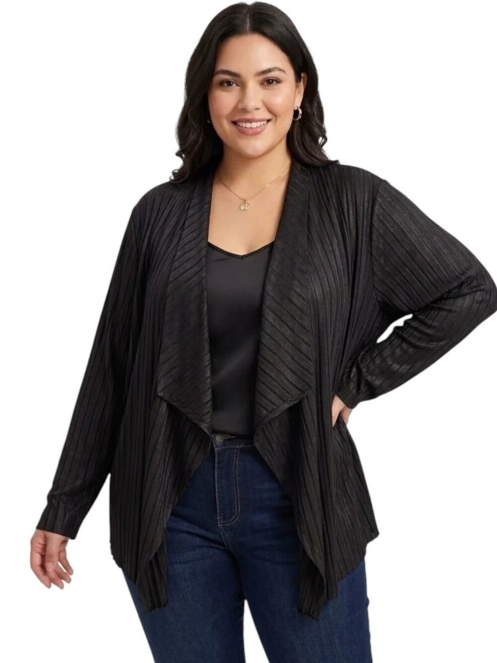 Linea Domani Black Ribbed Draped Open-Front Black Cardigan | 3x